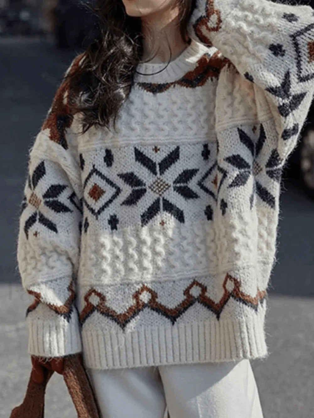 Fair Isle Christmas Pullover Sweater Beige / ONE SIZE Sweaters