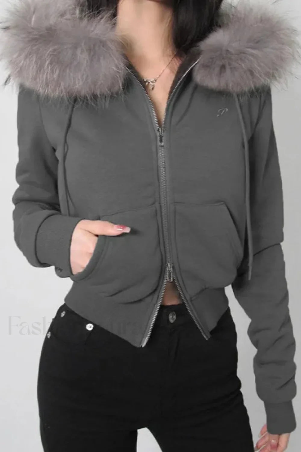 Fairy Fur Patchwork Double Zipper Hoodie Grey / S