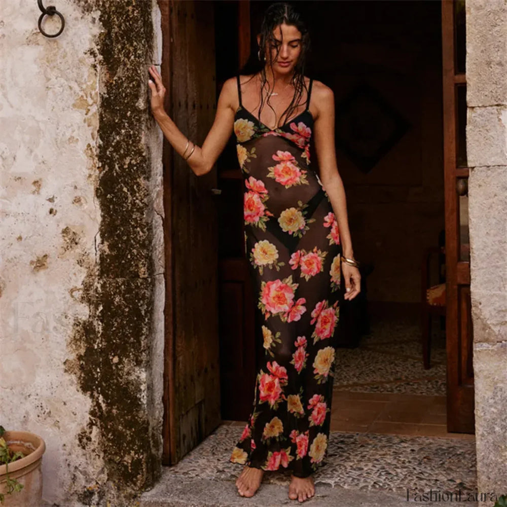 Fairy Grunge Strappy Floral Dress Black / S