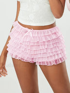 Fairycore Multi Layer Mesh Low Rise Bowknot Ruffle Short