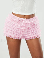 Fairycore Multi Layer Mesh Low Rise Bowknot Ruffle Short Pink / S