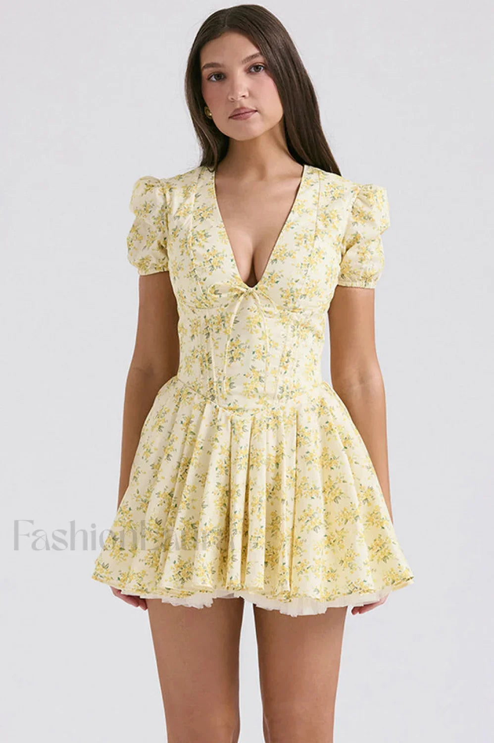Faith Vintage Floral Charming Pleated Mini Dress XS / Yellow