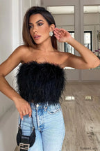 Fancy Strapless Stylish Feather Crop Top S / 4#