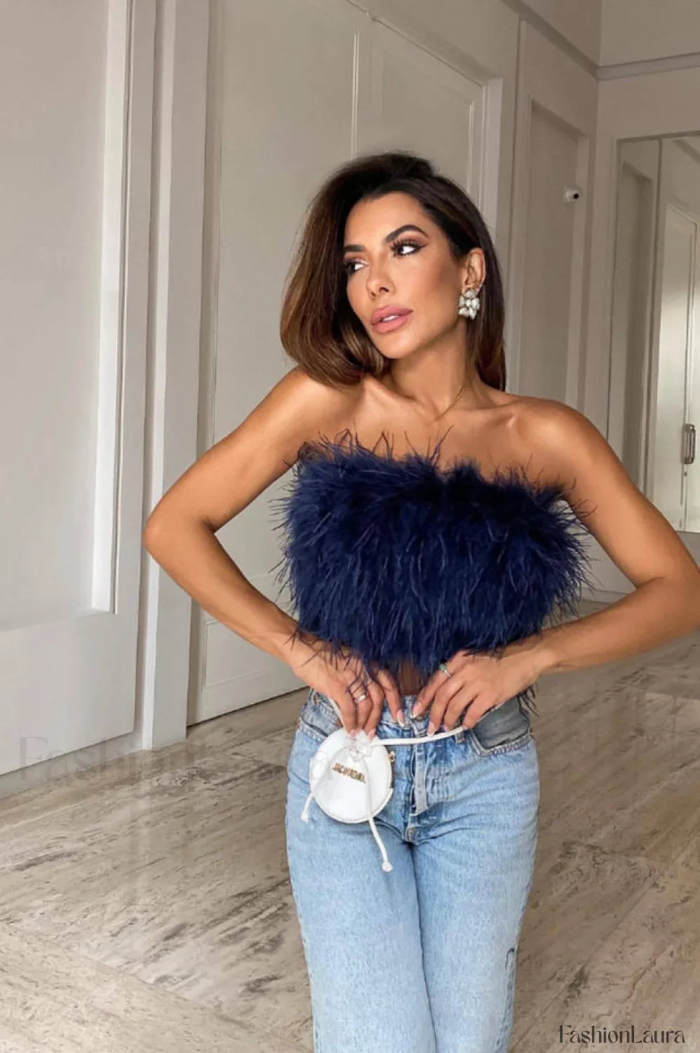 Fancy Strapless Stylish Feather Crop Top S / 7#