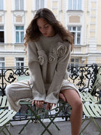 Fashion 3D Rose Round Neck Knitted Pullover Women Casual Long Sleeves Loose Sweater Sweaters L