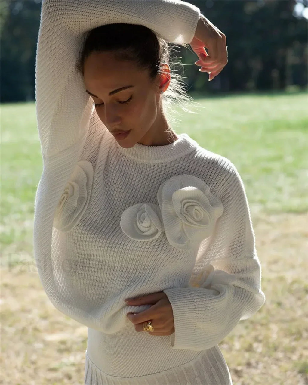 Fashion 3D Rose Round Neck Knitted Pullover Women Casual Long Sleeves Loose Sweater