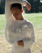 Fashion 3D Rose Round Neck Knitted Pullover Women Casual Long Sleeves Loose Sweater