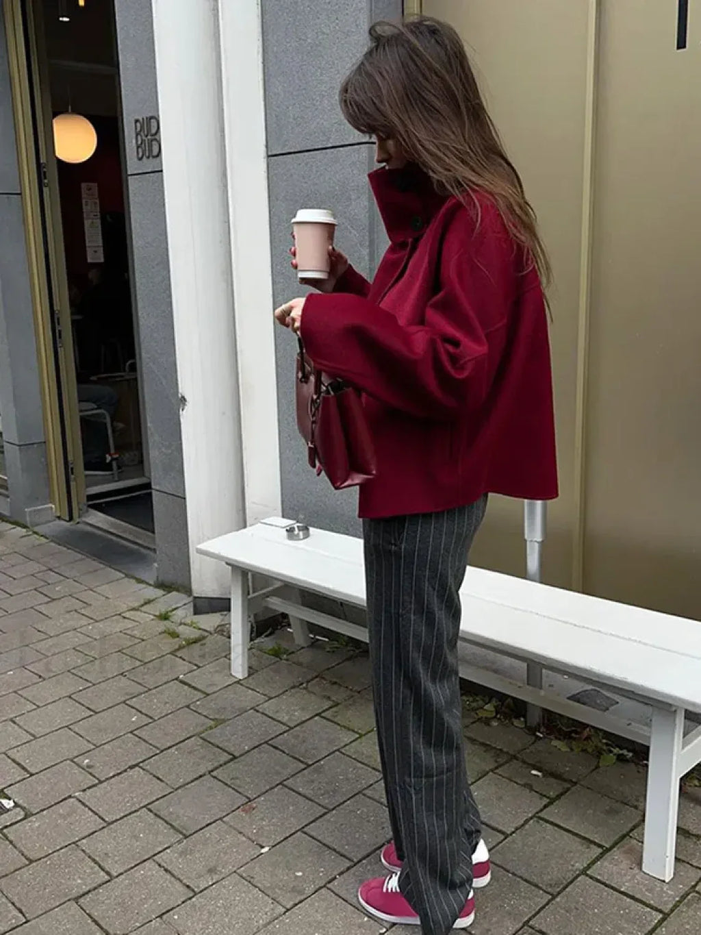 Fashion Collar Single Breasted Women’s Woolen Coat Casual Wine Red Overcoats