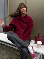 Fashion Collar Single Breasted Women’s Woolen Coat Casual Wine Red Overcoats