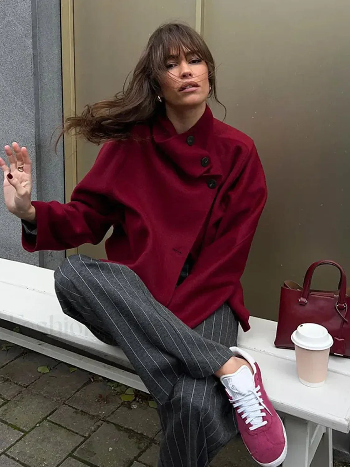 Fashion Collar Single Breasted Women’s Woolen Coat Casual Wine Red Overcoats