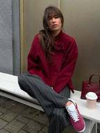 Fashion Collar Single Breasted Women’s Woolen Coat Casual Wine Red Overcoats Wine red / S