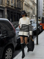 Fashion Contrast Stripe Women’s Knitted Pullover Elegant Turtleneck Long Sleeve Warm Sweater Sweaters L