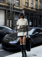 Fashion Contrast Stripe Women’s Knitted Pullover Elegant Turtleneck Long Sleeve Warm Sweater Sweaters L