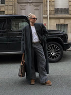 Fashion Dark Grey Stripe Lapel Double Breasted Overcoats