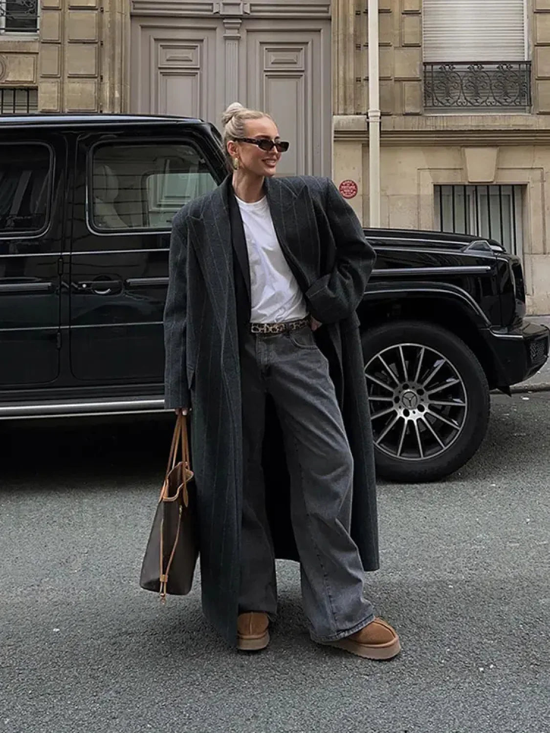 Fashion Dark Grey Stripe Lapel Double Breasted Overcoats