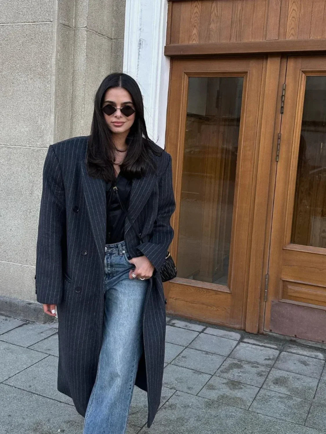 Fashion Dark Grey Stripe Lapel Double Breasted Overcoats Black / S