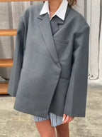 Fashion Dark Grey Stripe Lapel Double Breasted Overcoats Gray / S