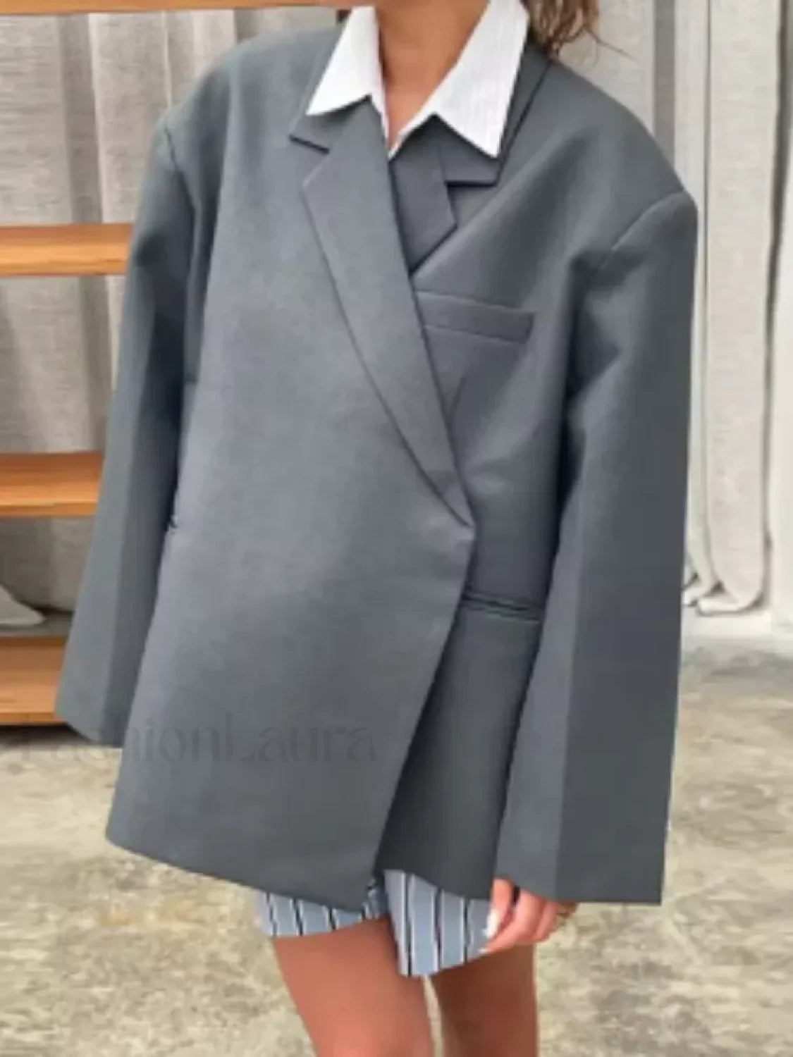 Fashion Dark Grey Stripe Lapel Double Breasted Overcoats Gray / S