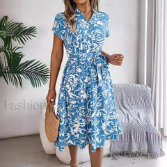 Fashion Elegant Floral Print Button Bat Sleeve A line Midi Dress