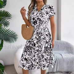 Fashion Elegant Floral Print Button Bat Sleeve A line Midi Dress