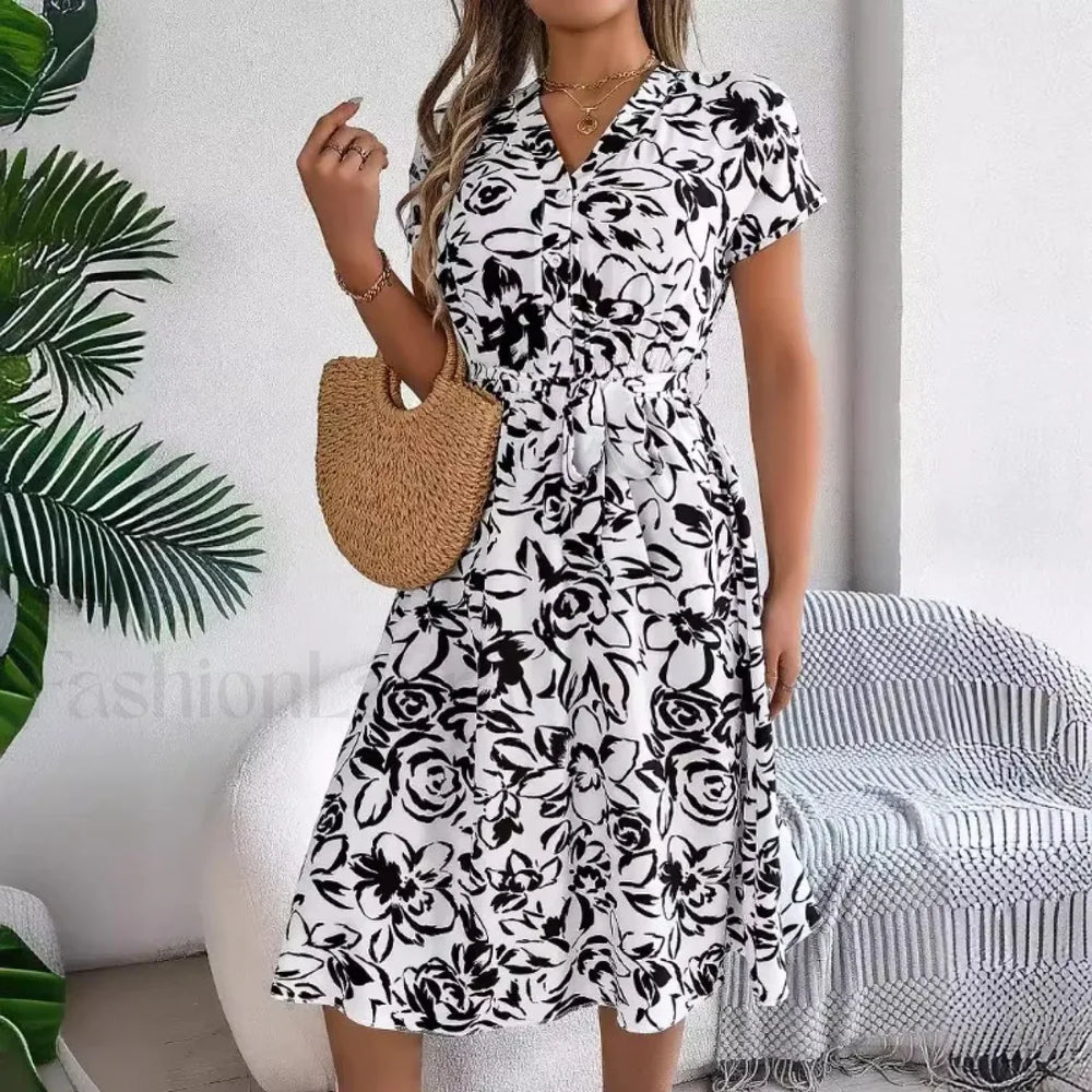 Fashion Elegant Floral Print Button Bat Sleeve A line Midi Dress