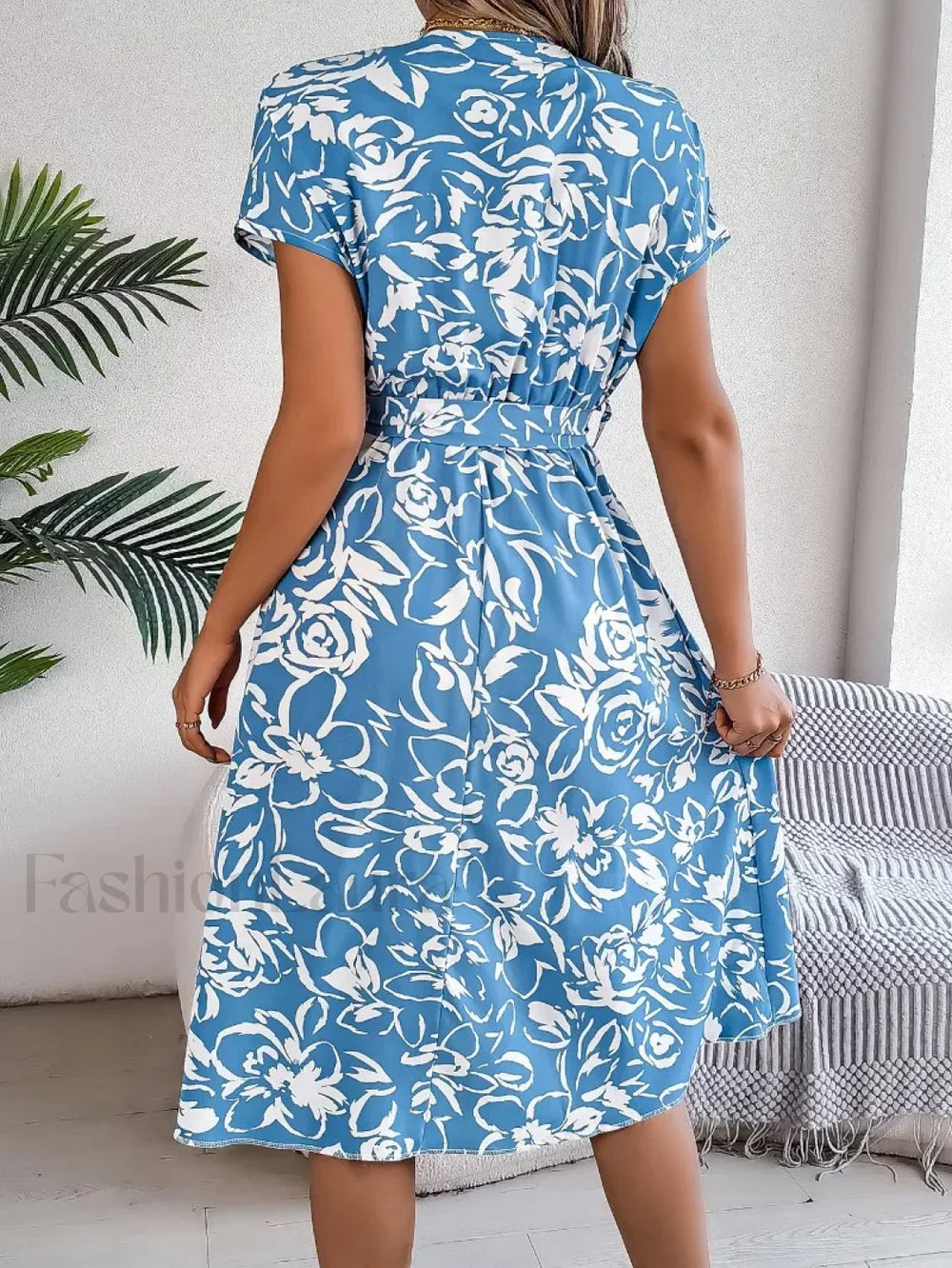 Fashion Elegant Floral Print Button Bat Sleeve A line Midi Dress