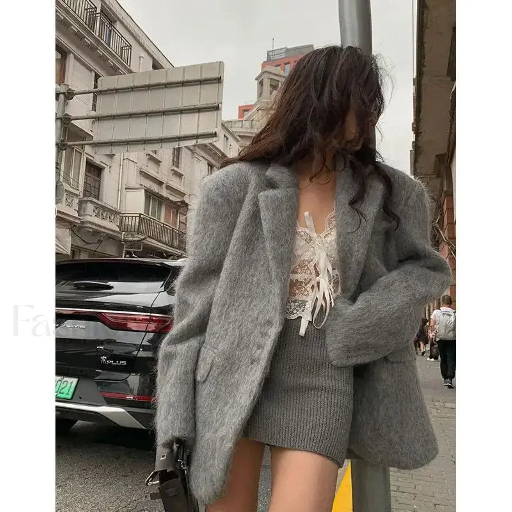 Fashion Pink Lapel Long Sleeves Women Blazer Jacket Loose Overcoats Grey / S
