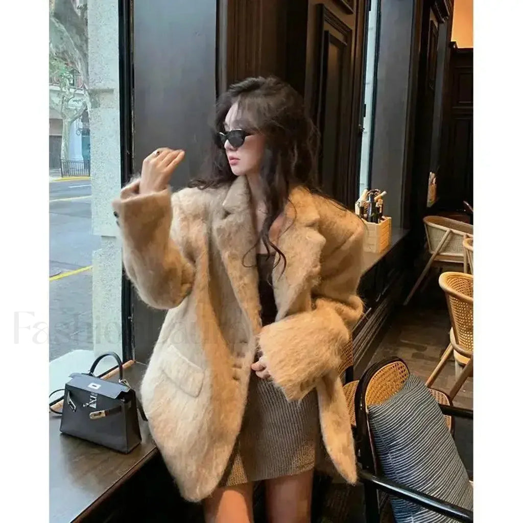 Fashion Pink Lapel Long Sleeves Women Blazer Jacket Loose Overcoats khaki / S