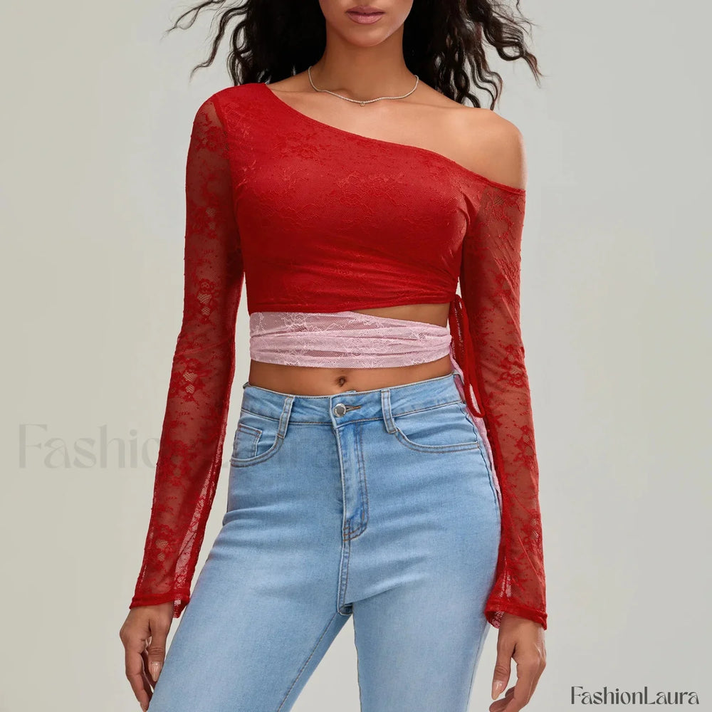 Fashion Sexy Lace Long Sleeve Oblique Neck T Shirt