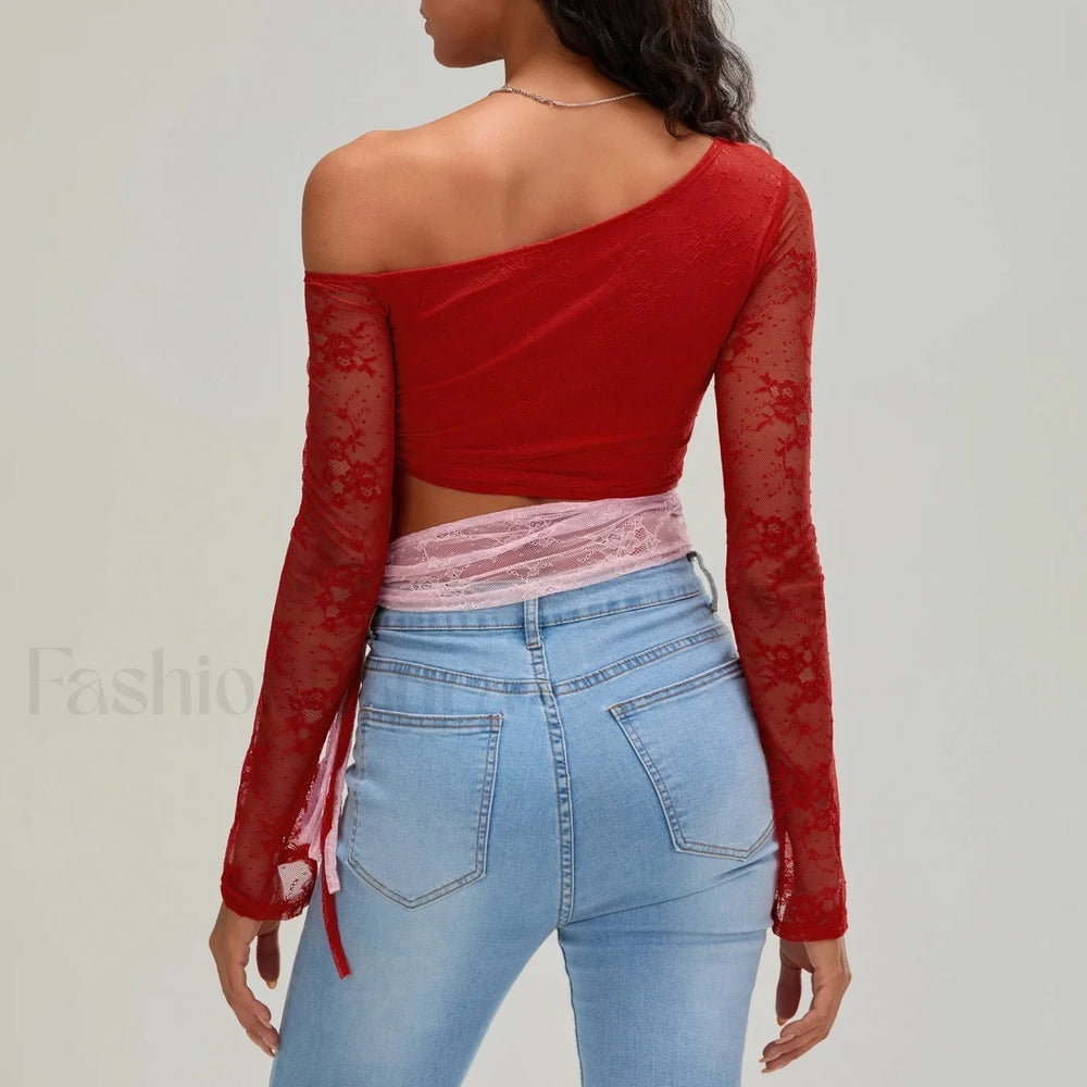 Fashion Sexy Lace Long Sleeve Oblique Neck T Shirt