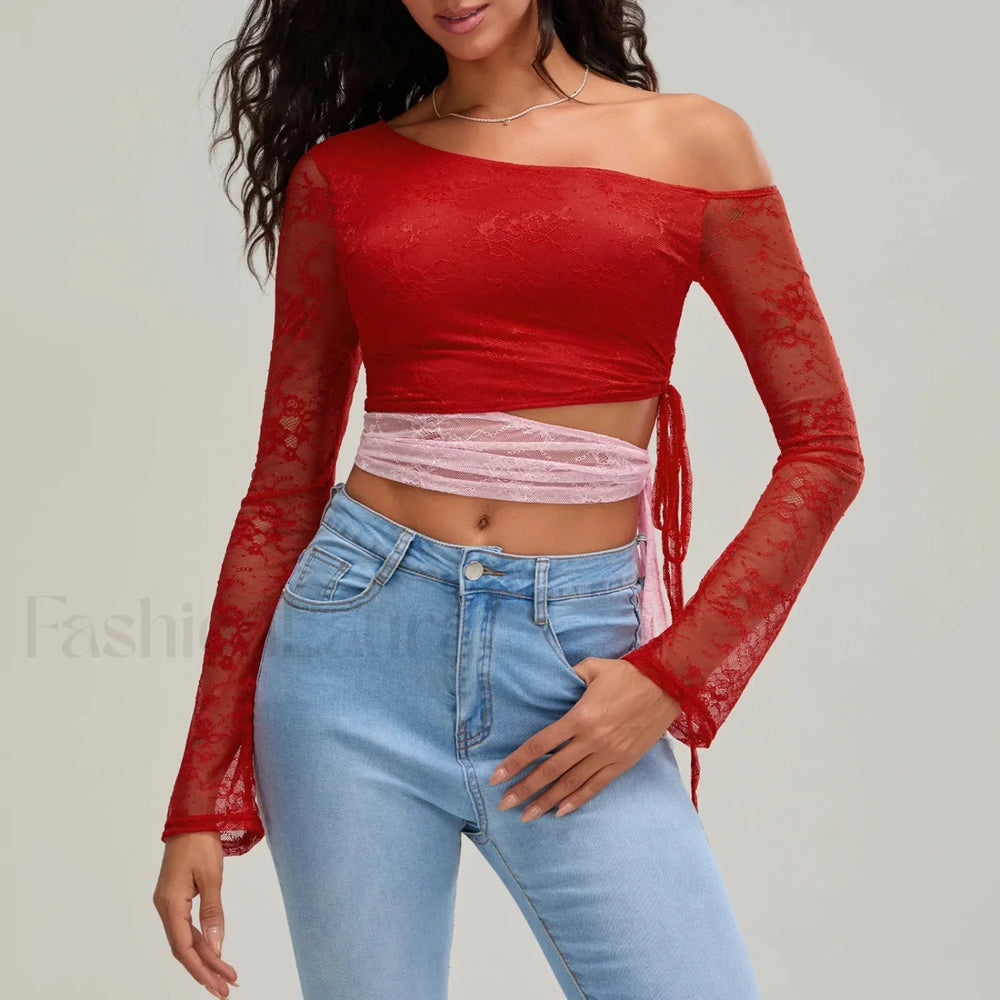 Fashion Sexy Lace Long Sleeve Oblique Neck T Shirt Red / S