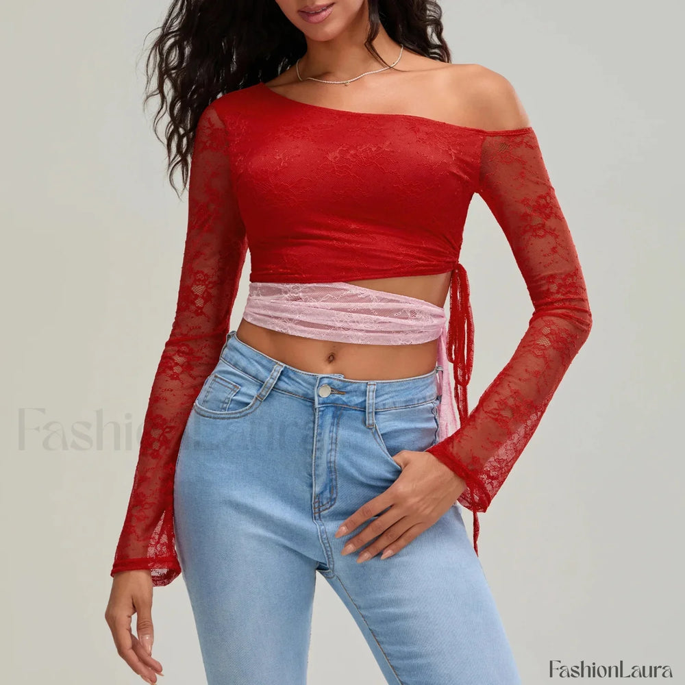Fashion Sexy Lace Long Sleeve Oblique Neck T Shirt Red / S
