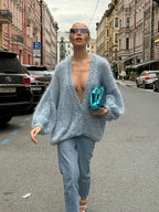 Fashion Shiny Sequins Women Mohair Knitted Cardigan V Neck Long Lantern Sleeve Sweater