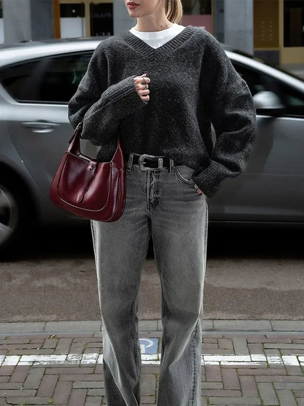 Fashion Solid Color V Neck Knitted Pullover Women Casual Long Sleeves Loose Sweater BLACK / S Sweaters L