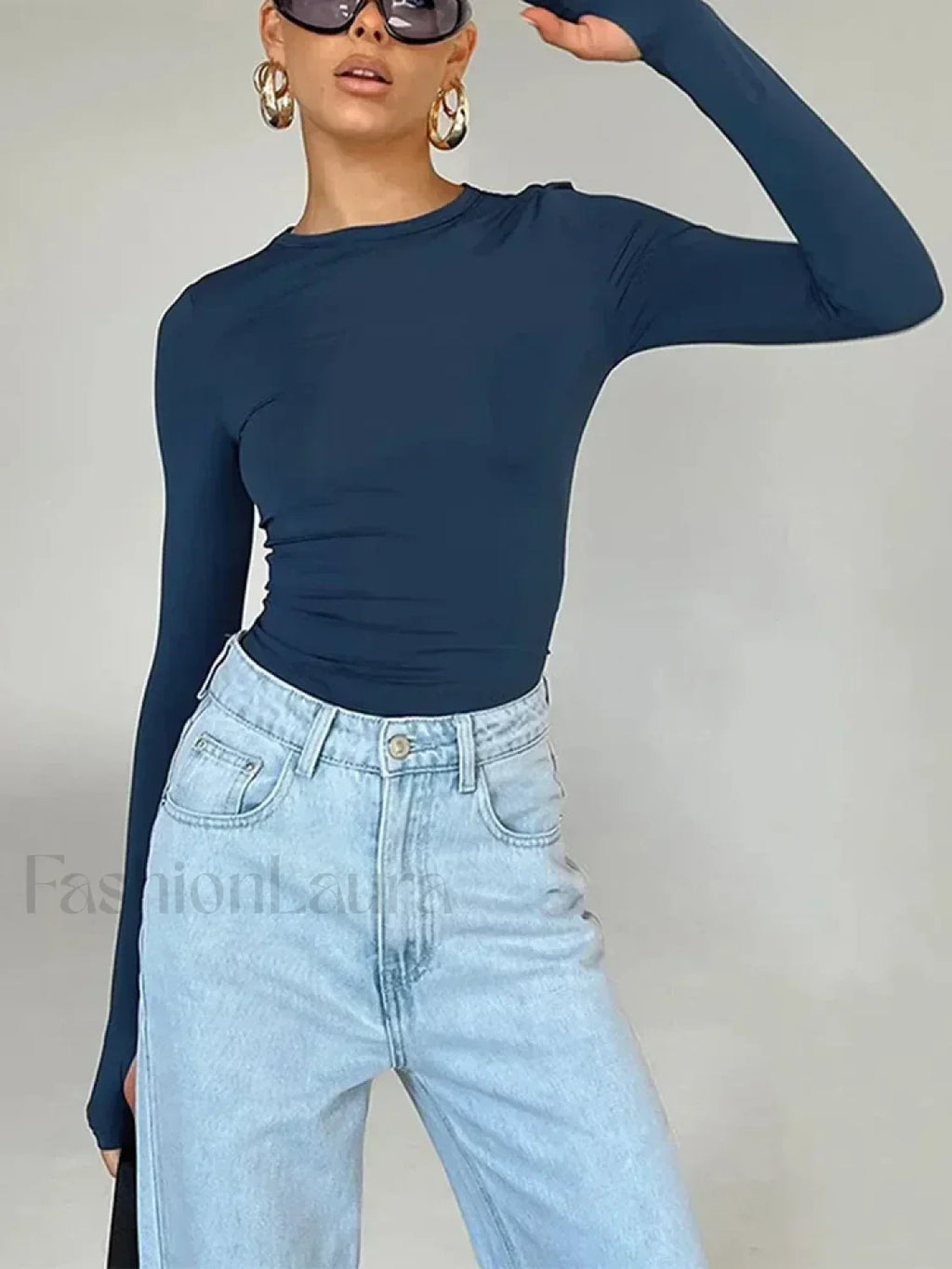 Fashion Women Long Sleeve Crew Neck Crop Top