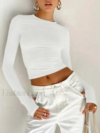 Fashion Women Long Sleeve Crew Neck Crop Top