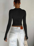 Fashion Women Long Sleeve Crew Neck Crop Top