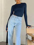 Fashion Women Long Sleeve Crew Neck Crop Top Blue / S