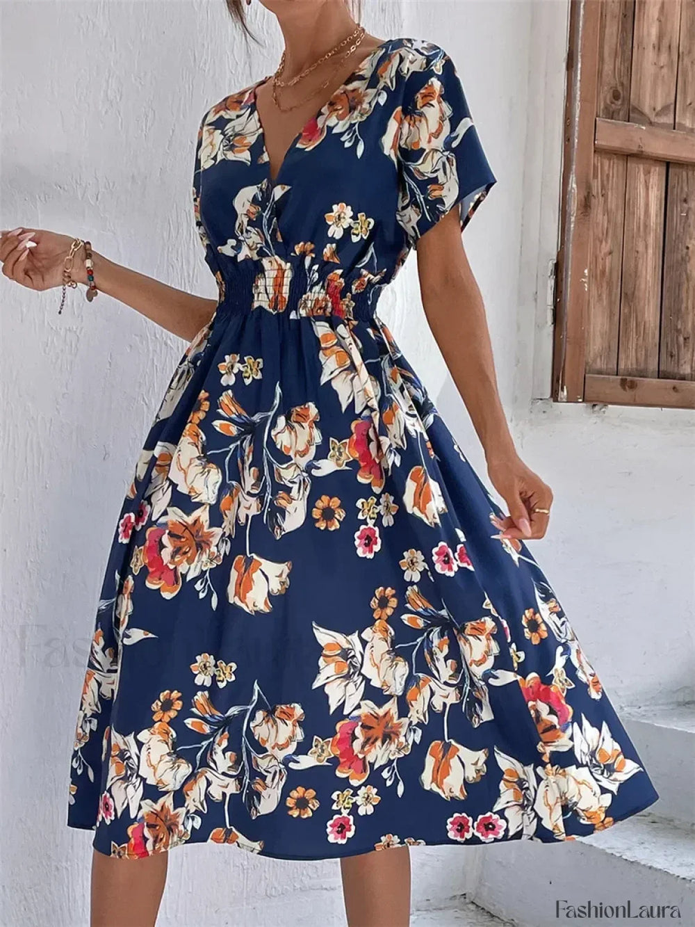 Fashionable Floral Holiday Sleeveless Chic Summer Long Midi Dress Navy Blue / S
