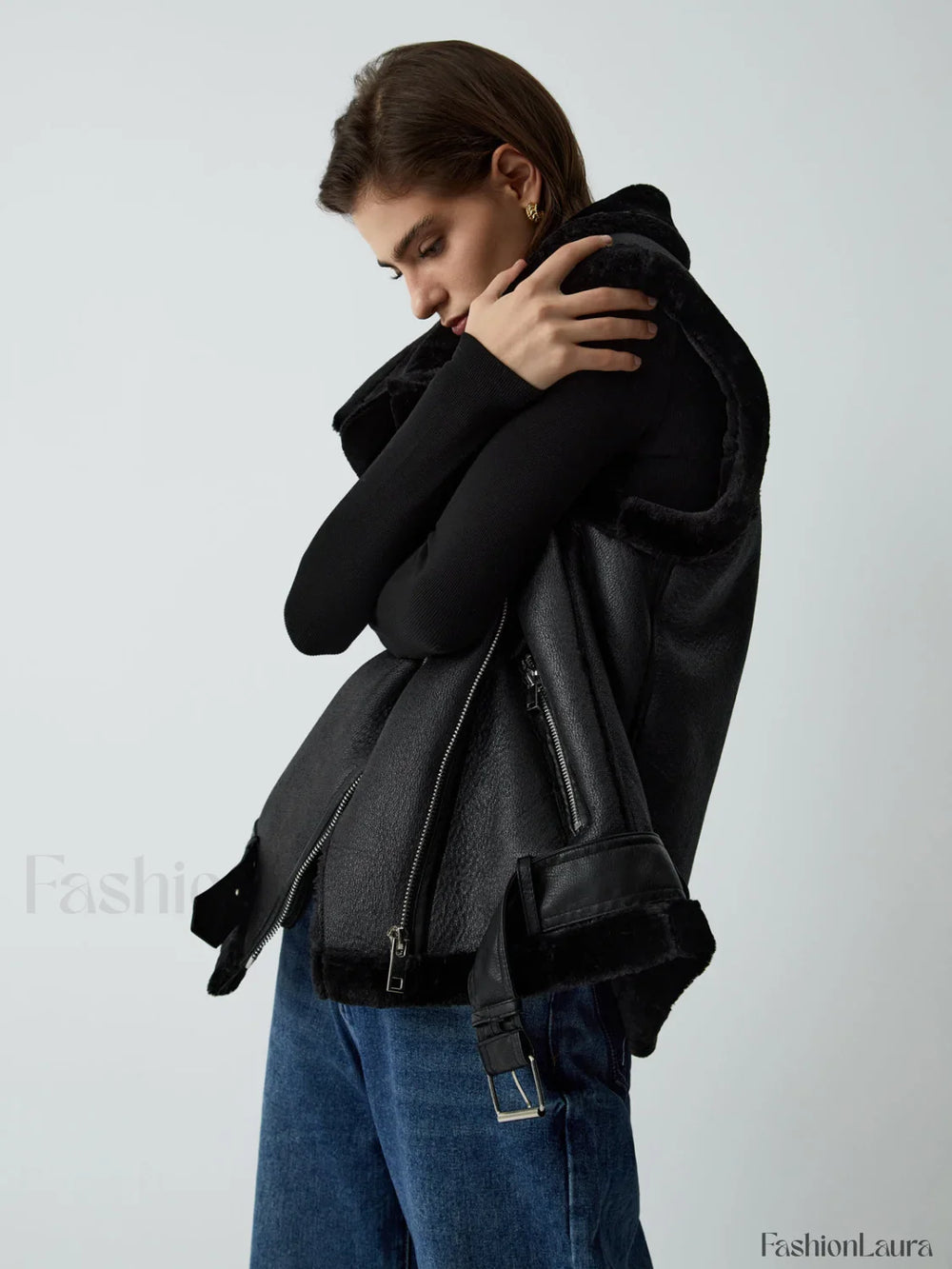 Faux Fur Graceful Leather Vest Vests