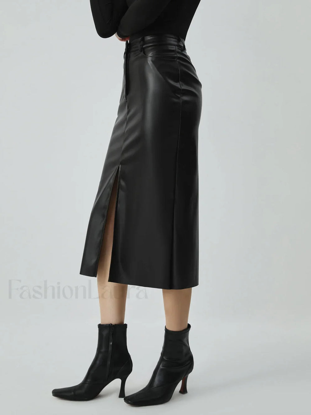 Faux Leather Graceful Pockets Midi Skirt Skirts