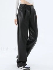 Faux Leather Graceful Straight Leg Pants Pants