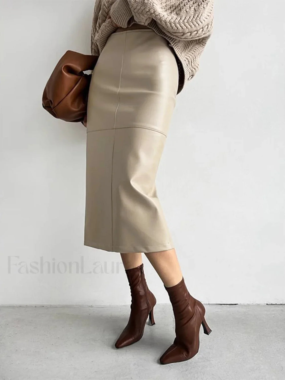 Faux Leather Piping Sit Midi Skirt Apricot / XS Skirts