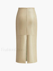 Faux Leather Piping Sit Midi Skirt Skirts