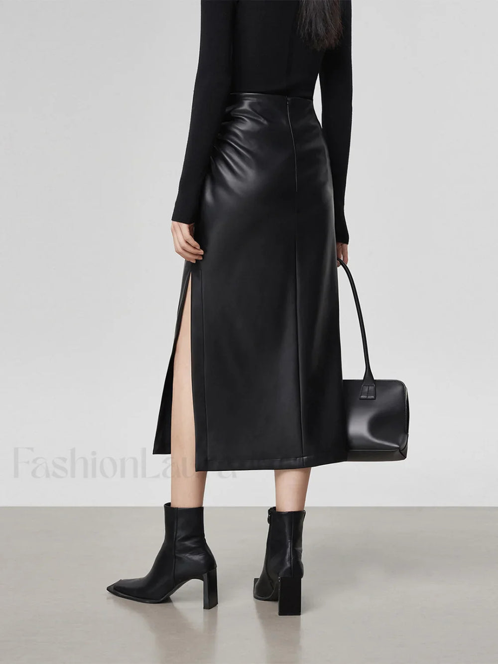 Faux Leather Ruched Trendy Slit Midi Skirt Skirts