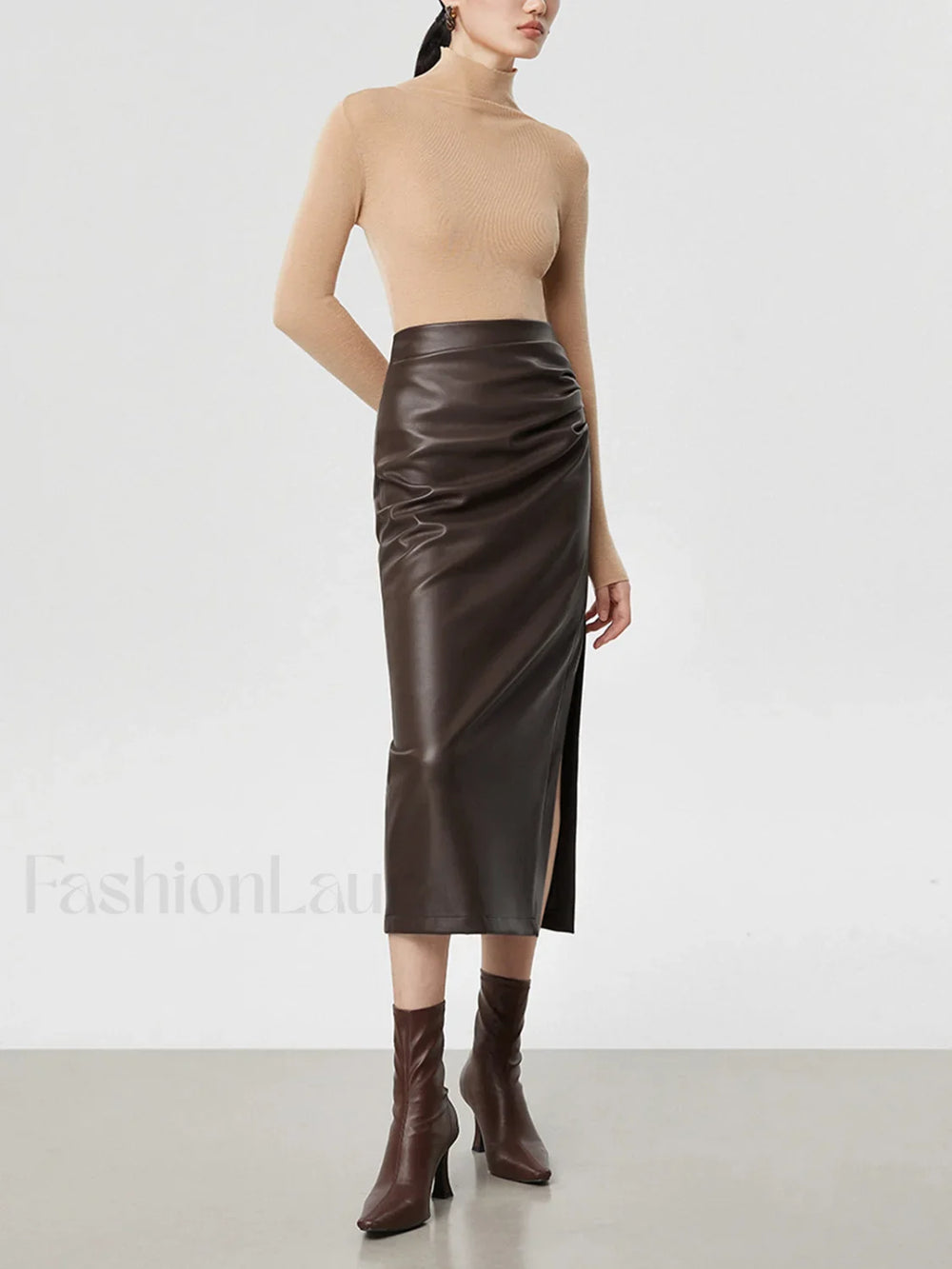Faux Leather Ruched Trendy Slit Midi Skirt Skirts