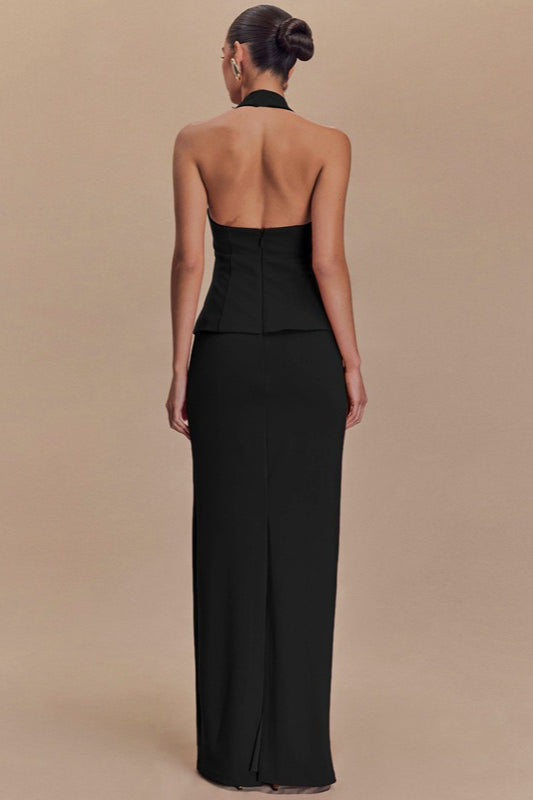 Solid Halter Backless Maxi Formal Dress