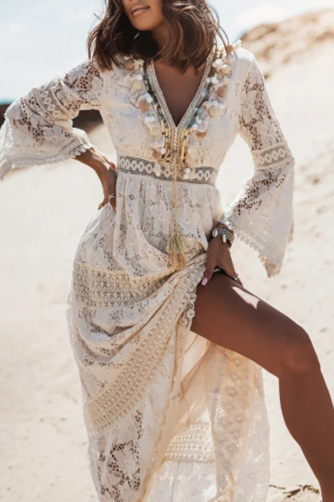 Lace V Neck Hollow Boho Dress Ivory / S