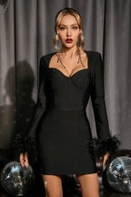 Feather Long Stylish Sleeve Bustier Dress