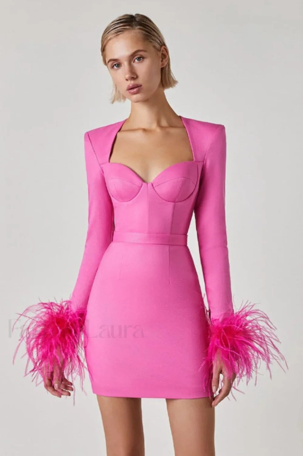 Feather Long Stylish Sleeve Bustier Dress S / Hot Pink